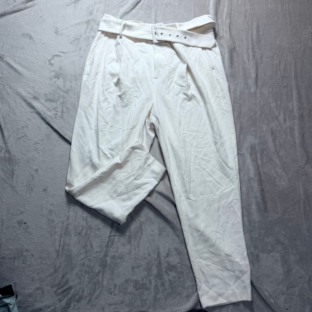 White Belted Wide‎ Leg Cropped Pants Women's Tailored Office Casual Size M